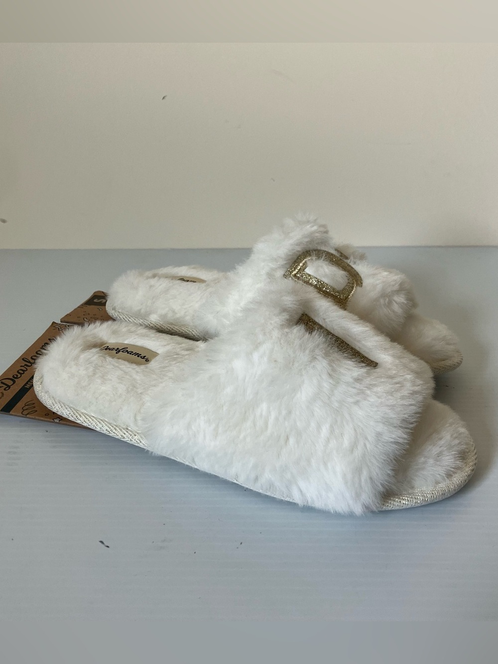 Dearfoams Lane Bridal I Do Fuzzy Slide Slipper Alabaster White size Small (5/6) - Picture 5 of 6